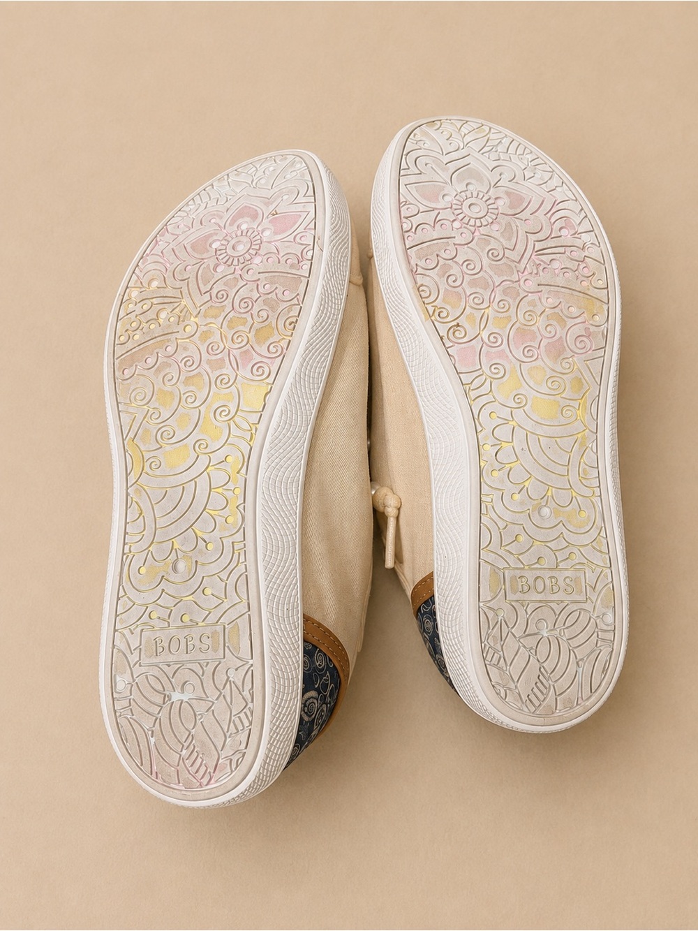 Skechers Women's Tan Canvas Slip-On Sneakers with Pastel Sole Accents